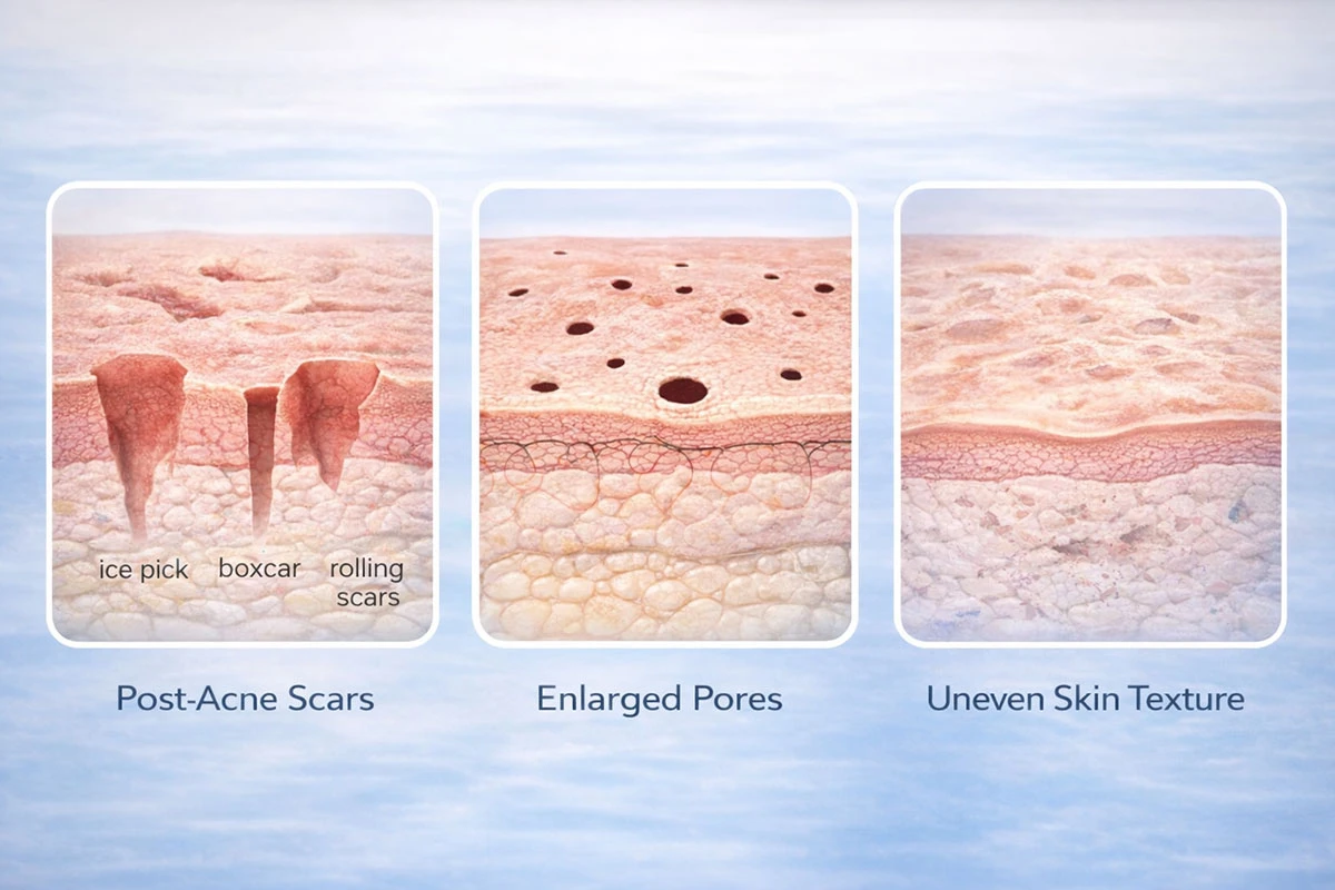 en qué se diferencian las marcas de acné, los poros dilatados y la textura irregular de la piel
